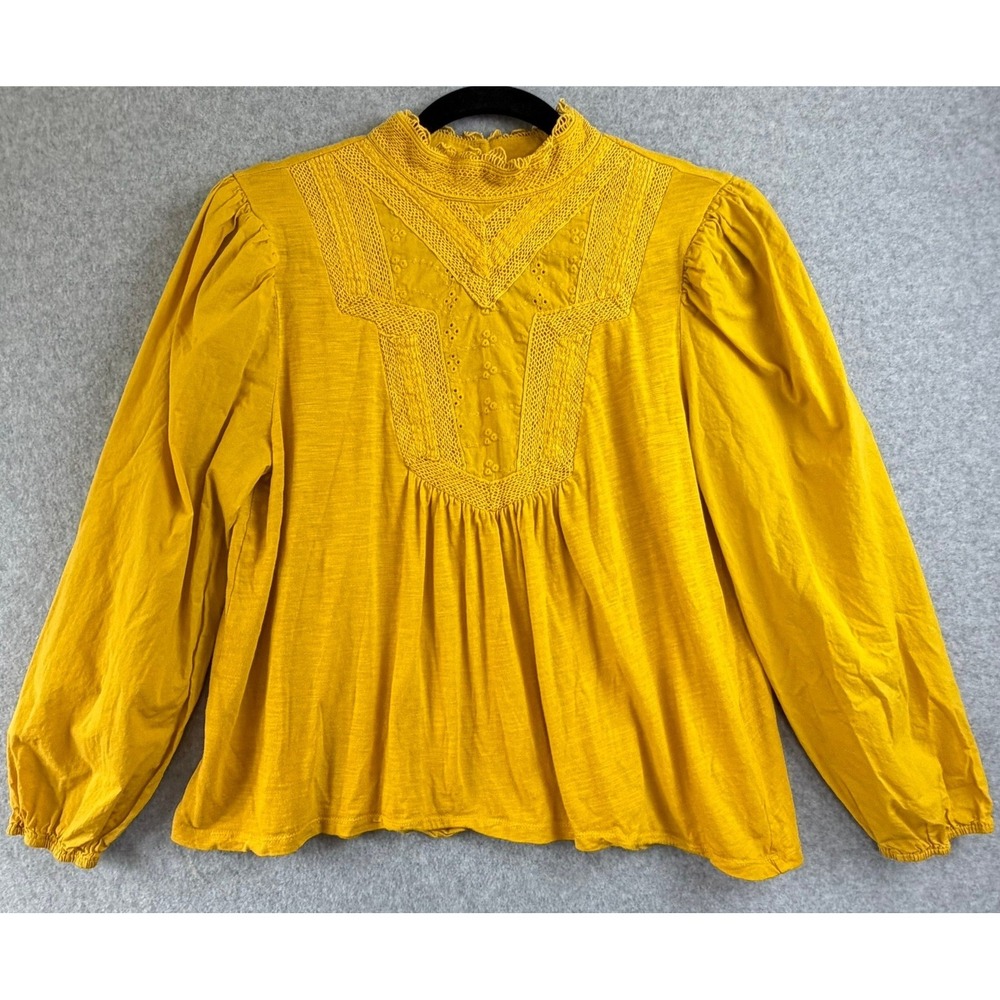 Victorian Style Mustard Yellow Lace Eyelet Mock Neck Blouse Long Sleeve Top